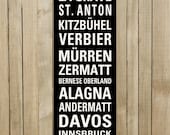 EUROPEAN SKI RESORTS Original Illustration - ready to hang 12 x 36 canvas art print - made to order