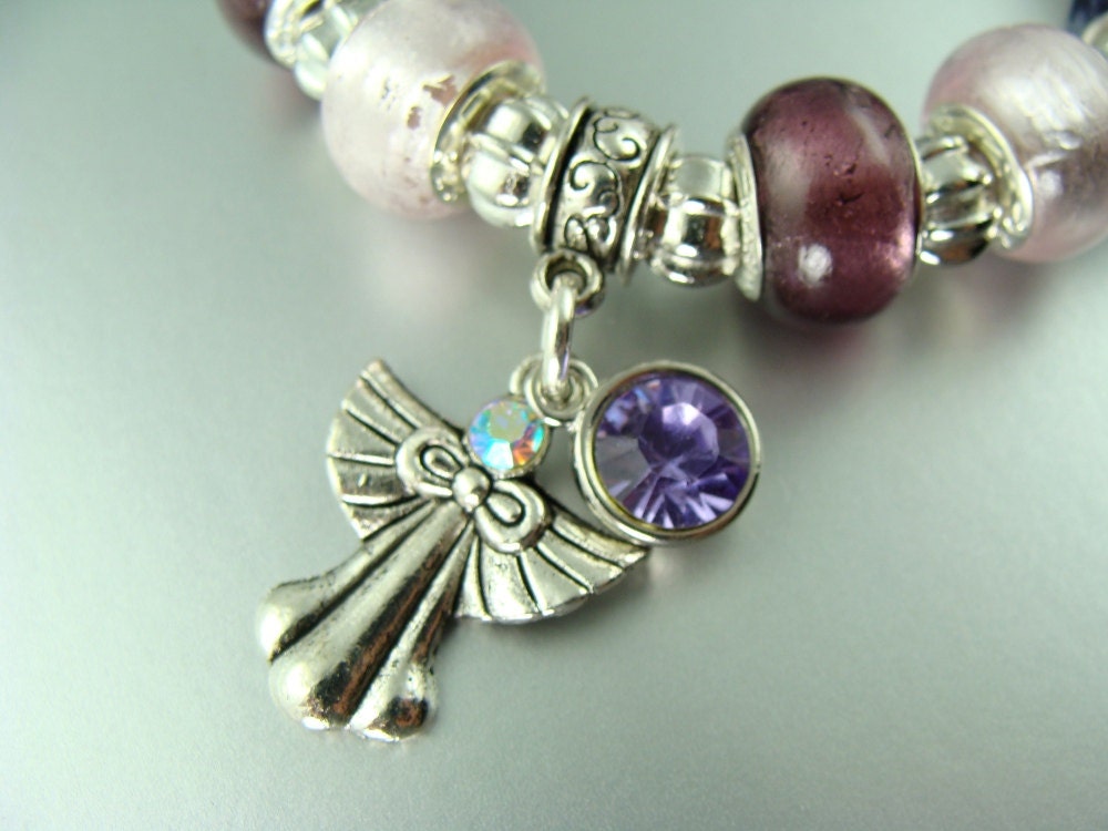 AMETHYST ANGEL February Birth Stone Stretch European bead Lampwork Charm Bracelets