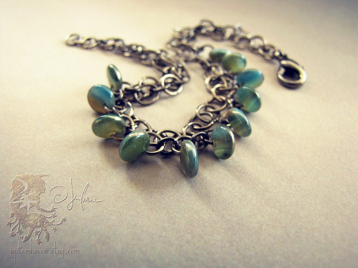 Charmed Bracelet - Blue Green Turquoise Teal Algae White Stripe Iridescent Shiny Czech Glass Steel Bohemian Boho - Ocean Aurora