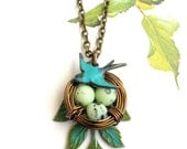 Nest bird necklace- Mothers gift- eggs garden nature leaf verdigris brass handmade jewelry-gift under 30