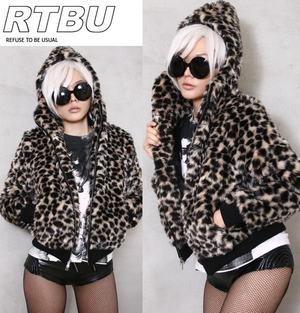 RTBU Punk Rocker Leopard Animal Print Warm Faux Fur Furry Jacket Hooded Parka
