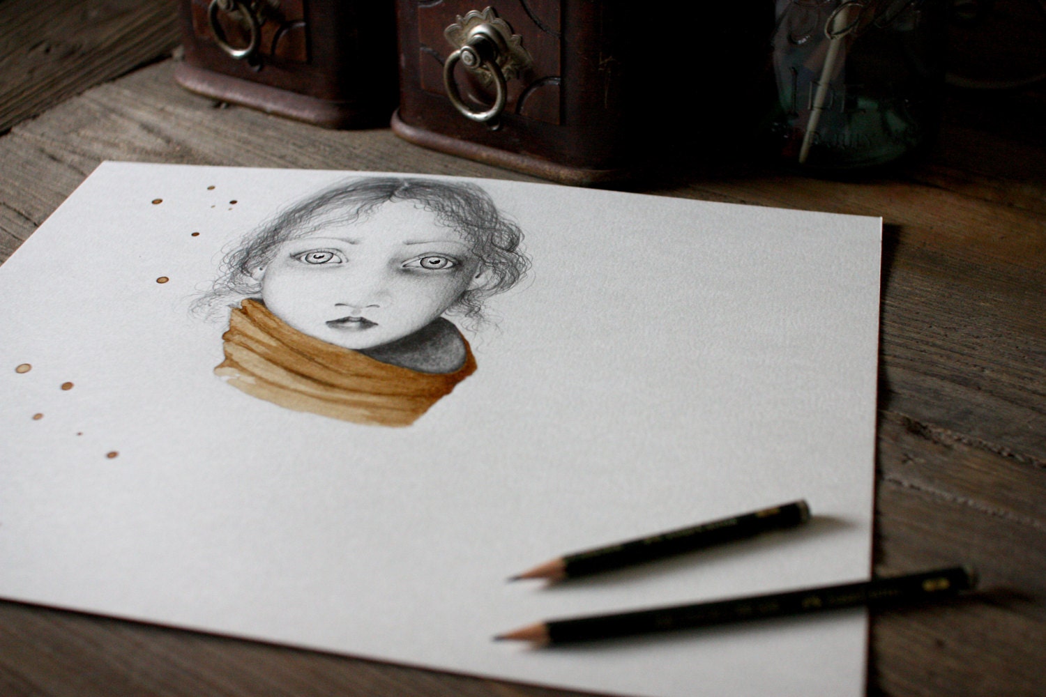 Pencil Drawing Illustration / Original Drawing 11 x 14 OOAK Original Pencil Drawing Coffee Staining Teamt dark brown