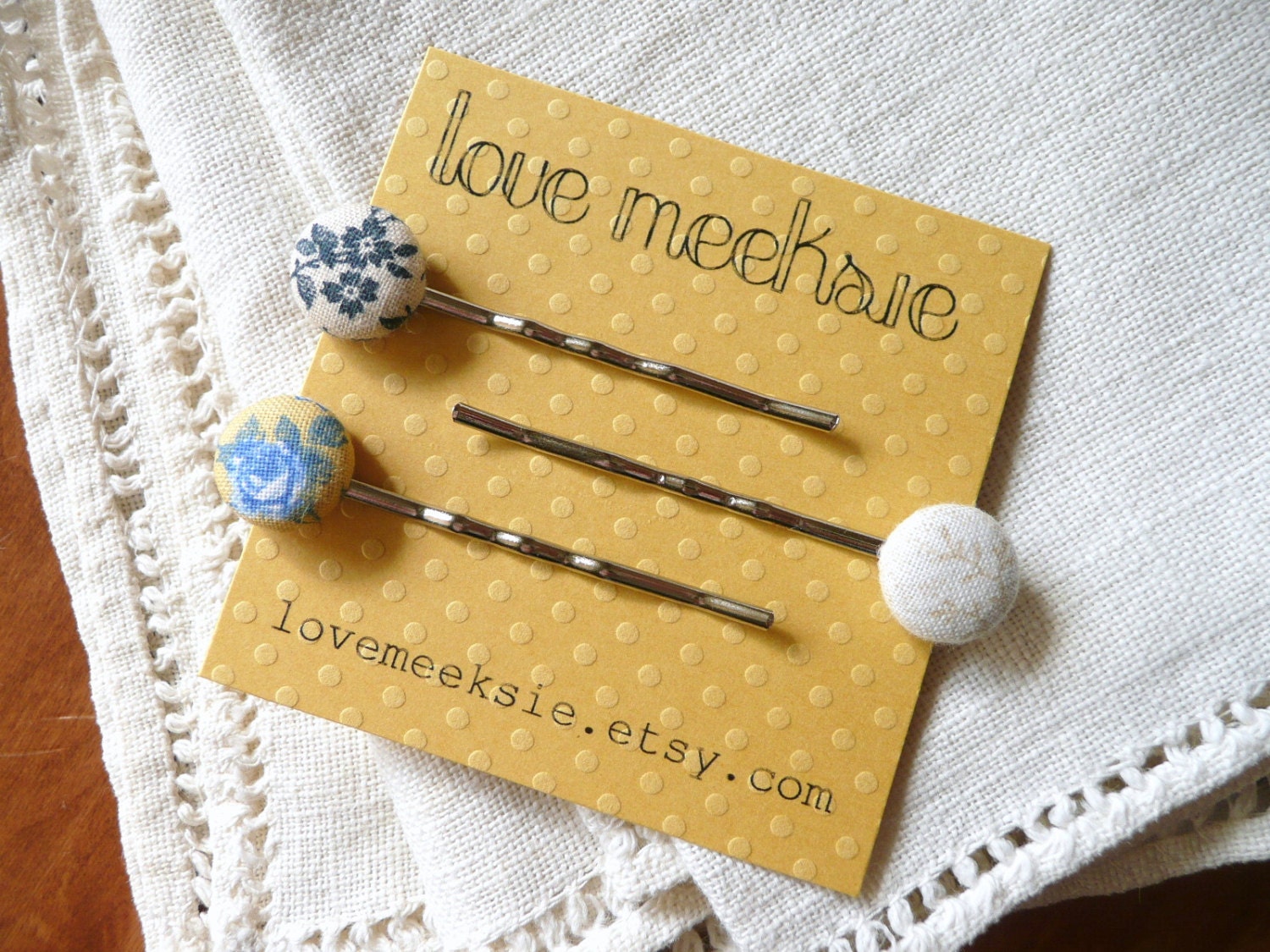 fabric button bobby pins, natural floral set of 3