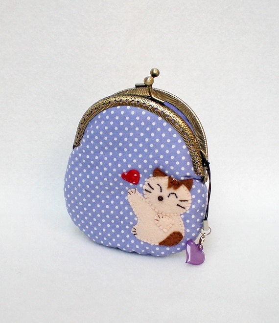 Lovely Kitten Purple Coin Purse, Metal Frame Purse, Cotton Purse, Jewelry Case