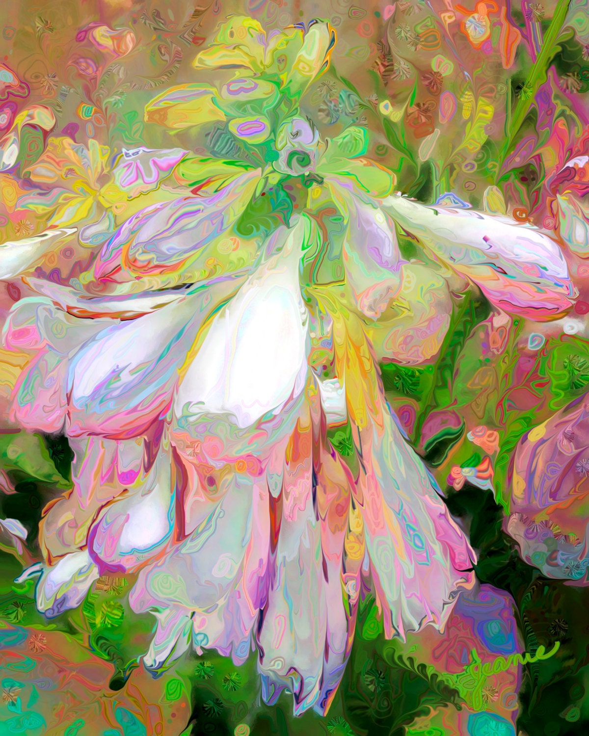 Fun, Cheery Hosta flowers in vibrant rainbow shades of white, yellow, lavender, green, blue, pink.