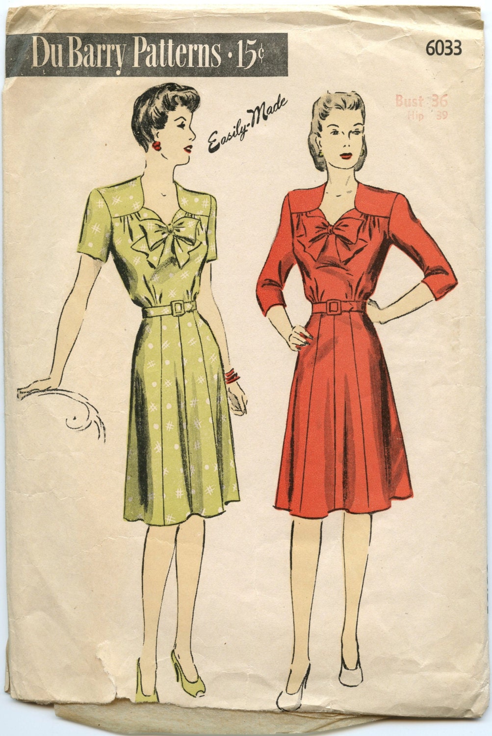 1940s Vintage Dress Pattern Du Barry 6033 Womens Dress Sweetheart Neckline with Bow Bust 36