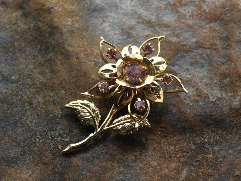 Vintage Pink Rhinestone Flower Brooch
