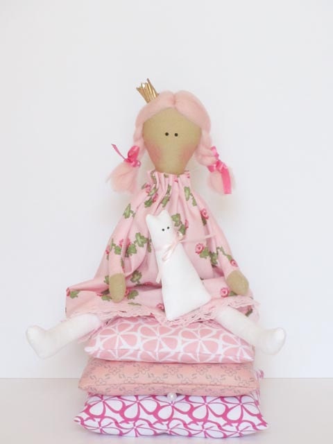 Princess and the Pea -lovely fairy tale fabric doll pale pink with a kitty softie plush doll Handmade cloth doll,stuffed doll- gift for girl
