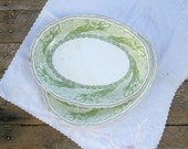 Distressed White Ironstone Platters - Green Transferware Pair - Clementson Bros - 1900s