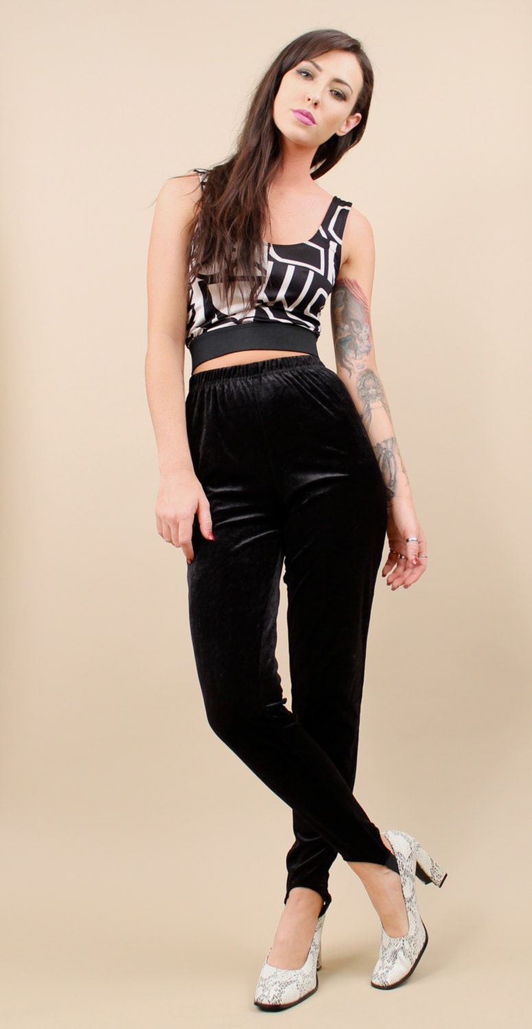 90s Vtg VELVET Jet Black High Waist Stirrup Pants Leggings / Fuzzy Club Kid / Wardrobe Staple / OS / Sm Md Lrg