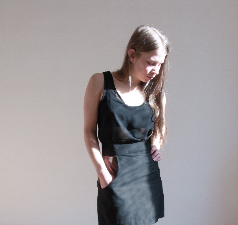 Women's black cotton mini skirt with silk pocket - Classic skirt - Made to order