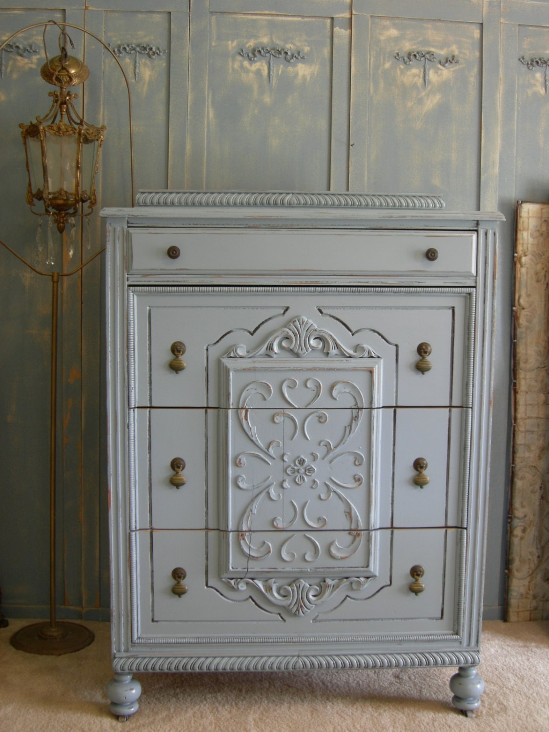 French Blue Antique Dresser Tall Highboy Chest Of Drawers Shabby Chic Beautiful