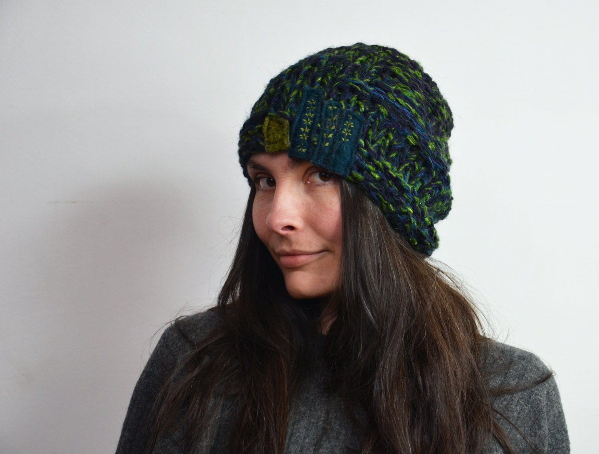 beanie Artistic hand knitted unique, dark and light green, felt applique winter woman, Hand made warm soft cozy hat