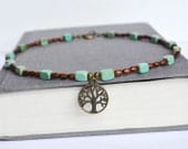 Tree of Life Wood Necklace,Tree of Life Turquoise and Wood Necklace, Hippie Tree Nature Charm Jewelry, Green Brown Blue Jewelry