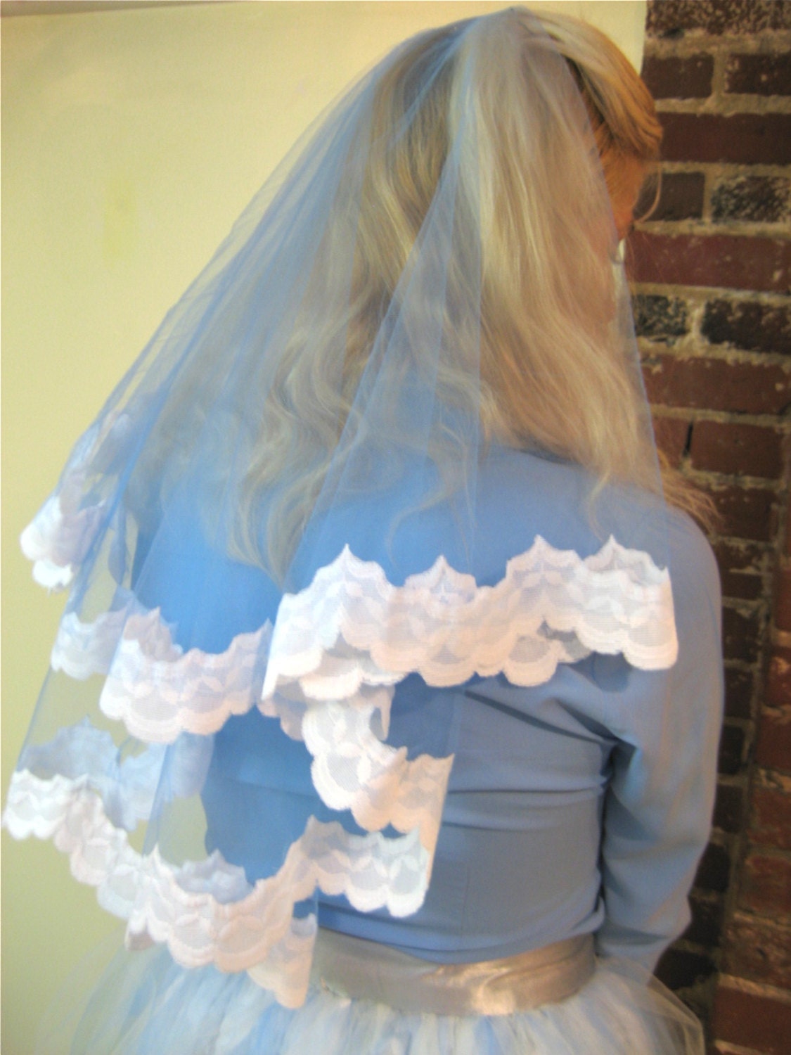 Kate - Handmade Blue Oval Veil with White Lace Trim
