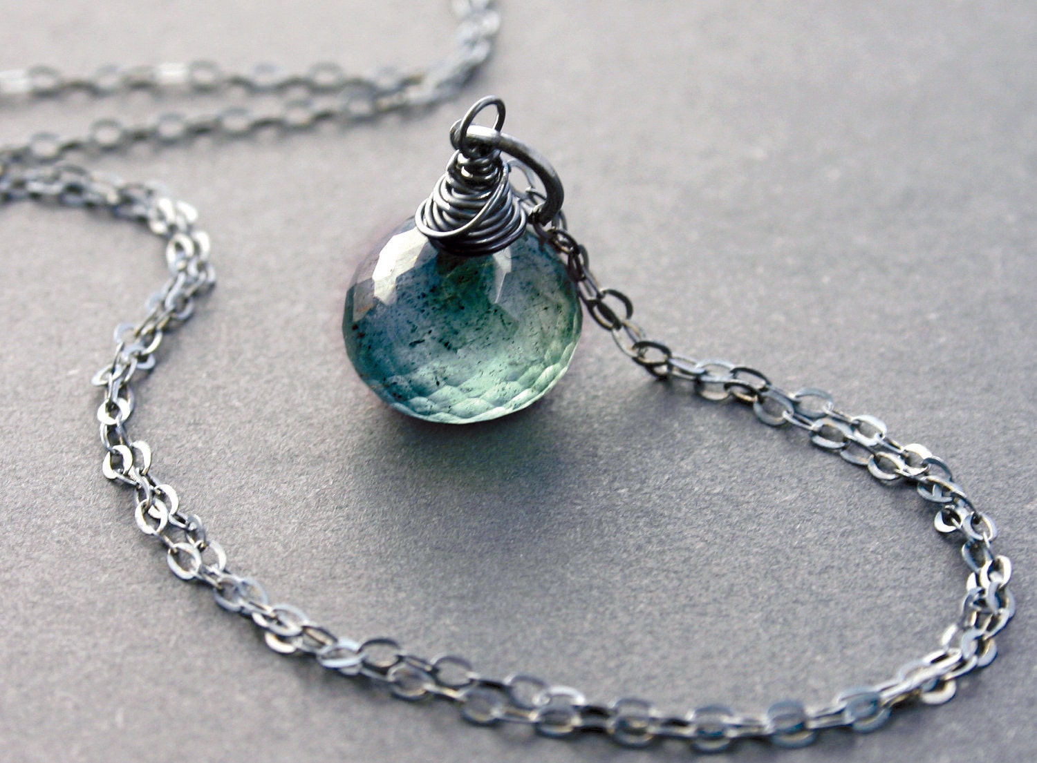 Moss Aquamarine Necklace with Oxidized Sterling Silver March Birthstone Birthday
