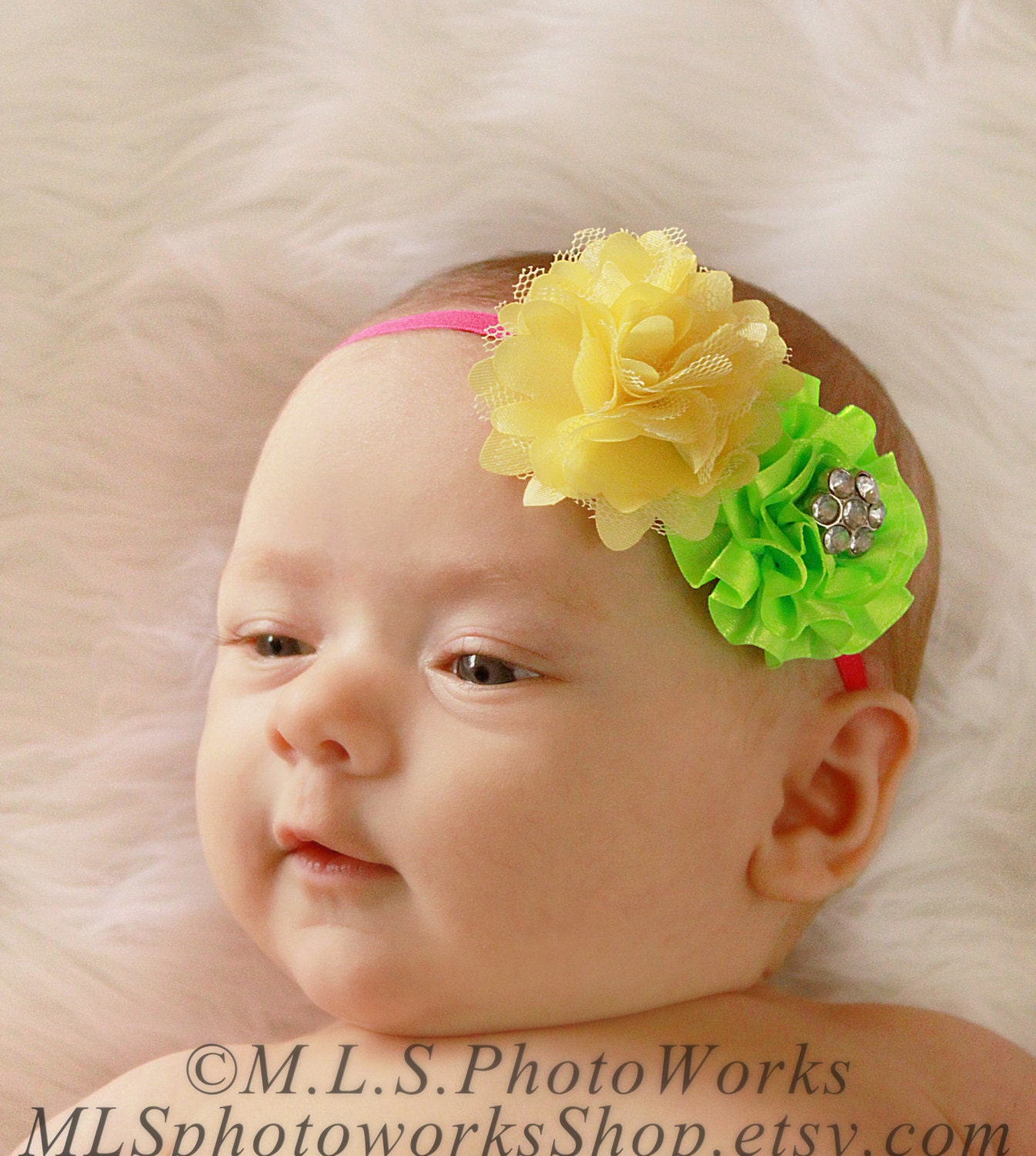 The Lemon-Lime Flower Puff Headband - Baby Girl Bright Summer Yellow & Green Hair Bow - Neon Colored Toddler Headband