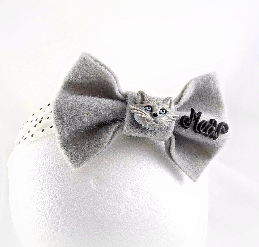 Handcrafted Felt Bow on Headband Cat's Meow - Removable - Convertible - Gray / Grey