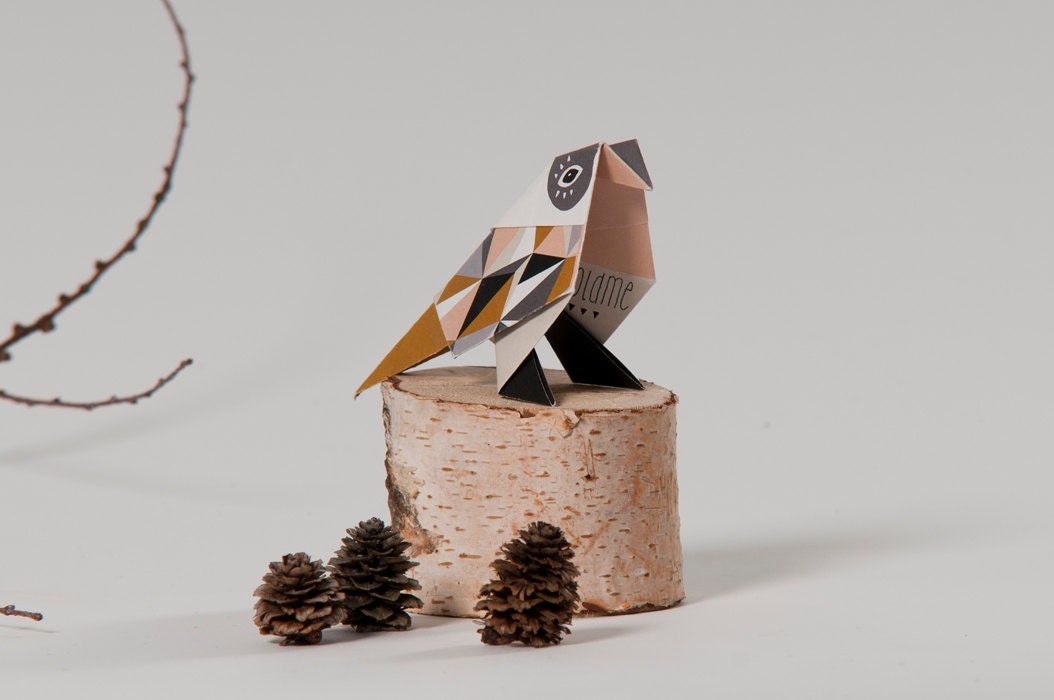 Pack of three origami Birds with pattern print, packed, Mustrard, Grey, Apricot