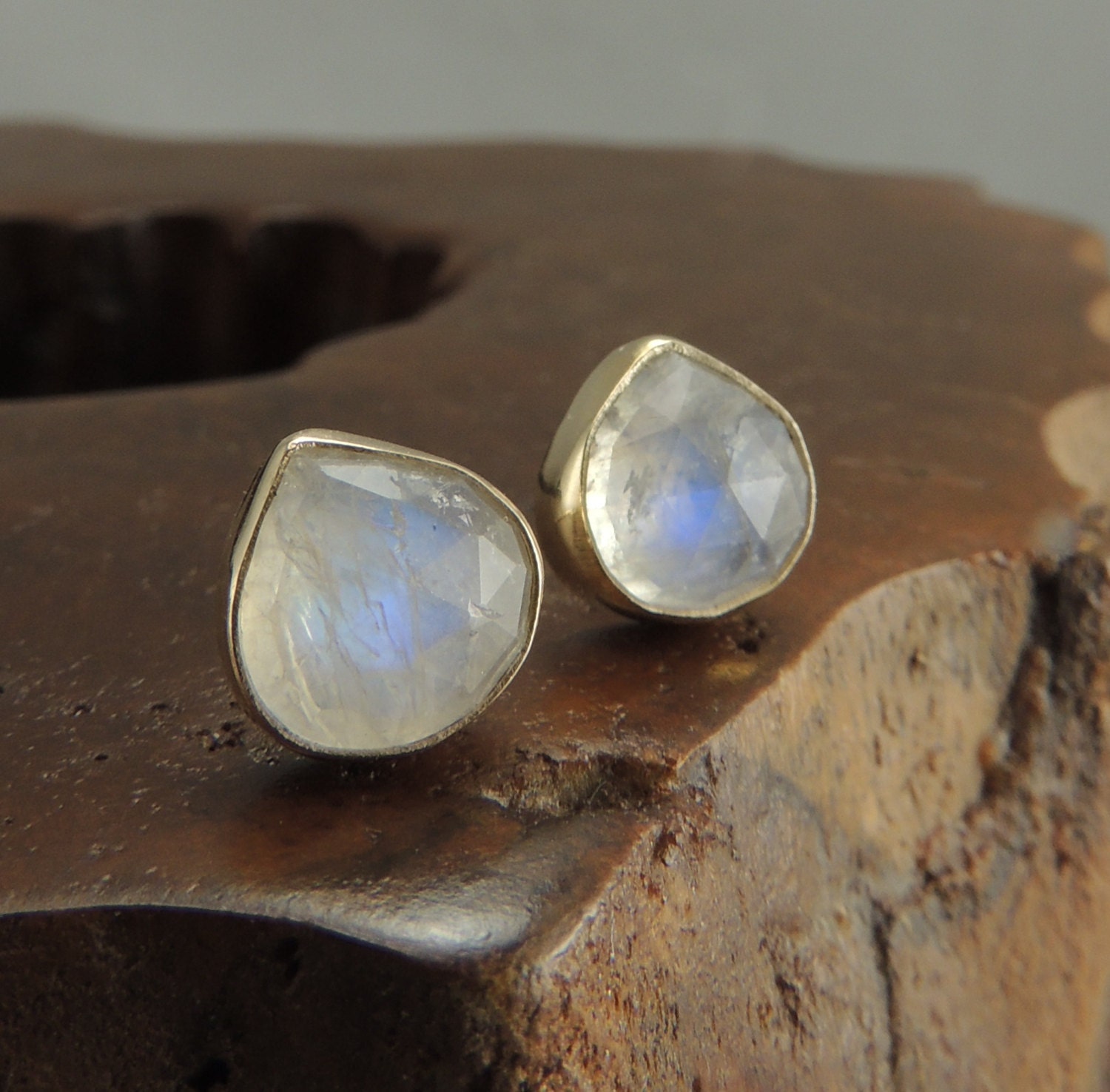 Moonstone 14k Gold Earrings, Rose Cut Moonstone, Teardrop, Pear, Rainbow Moonstone Post, Studs,Recycled Gold, Eco Friendly