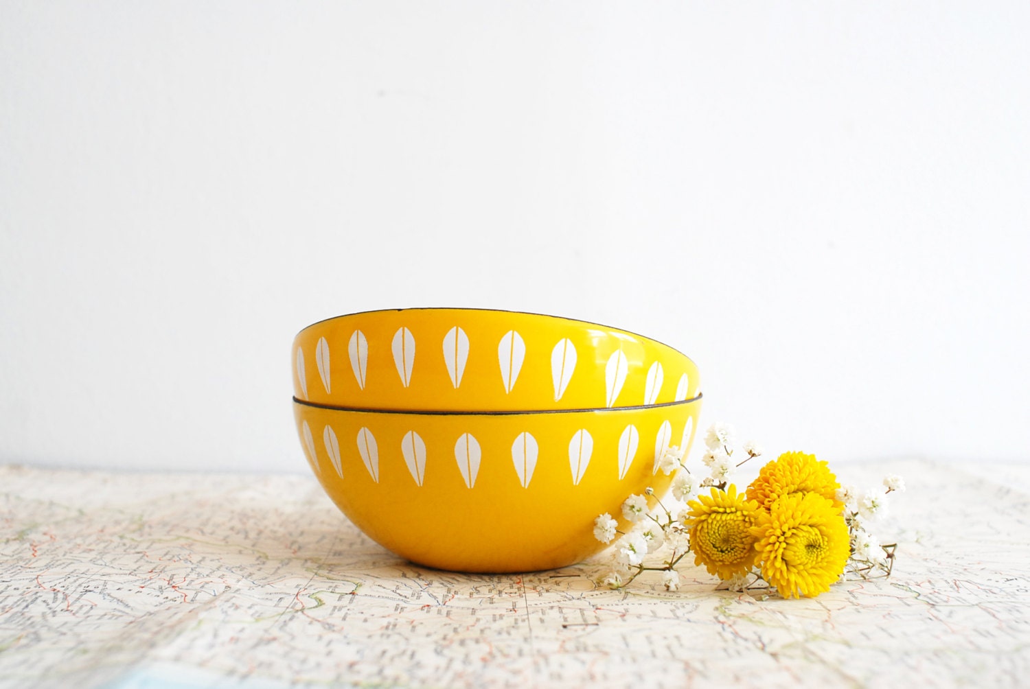 Pair of Yellow Cathrineholm Lotus Bowls - 5.5" Enamel Set of Two