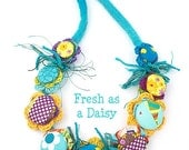 FRESH AS a DAISY, Fiber Art, Handmade Fabric buttons Necklace, Turquoise, yellow, purple, Wet Felted, Australian Made