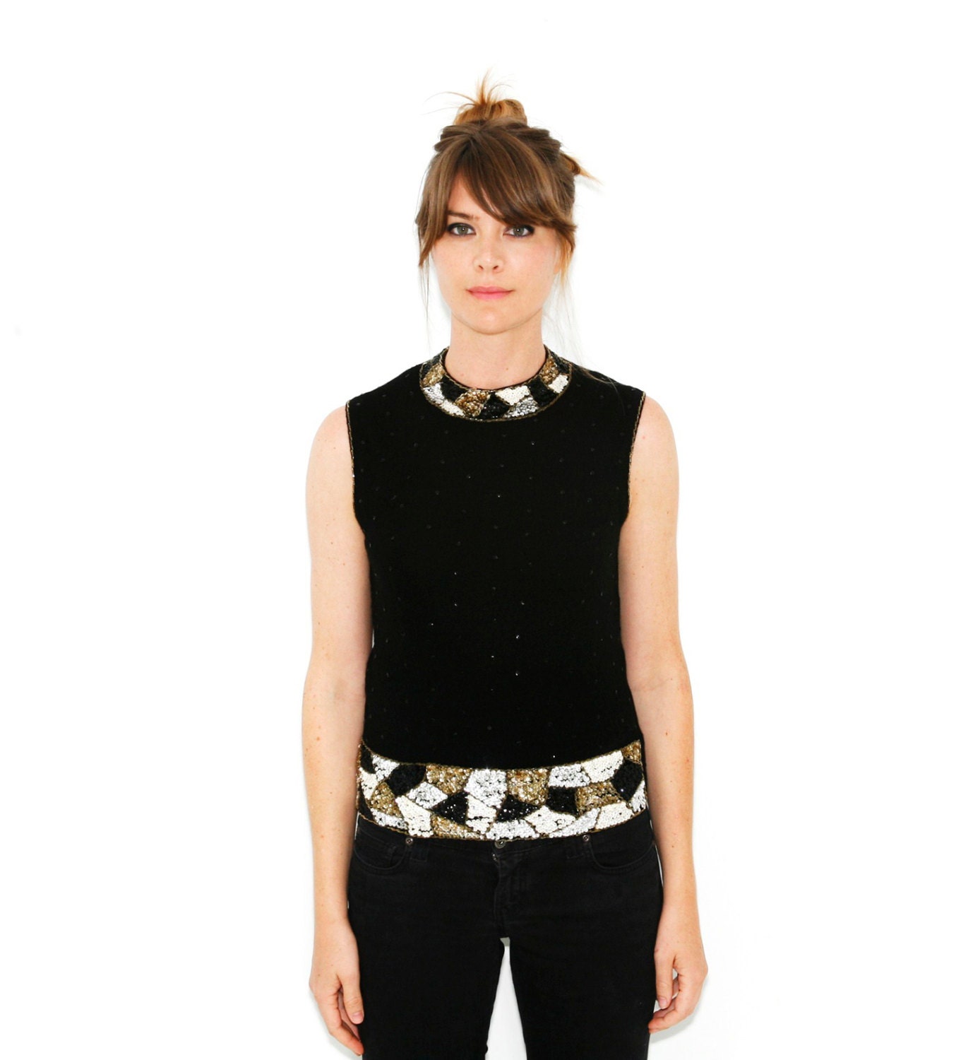 Vintage 50s / 60s Gold Sequined Black Sweater Top Sleeveless Embellished Mock Neck