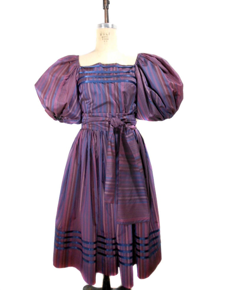 1980s Albert Nipon Striped Puff Sleeve Dress - Blue Purple Pink - Prom Party Dress - Belted Dress - Size 6