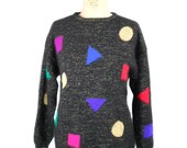 1980s Rafaella Geometric Shape Sweater - Lurex Angora Sweater - Oversized Sweater - Black Gold - Size Medium