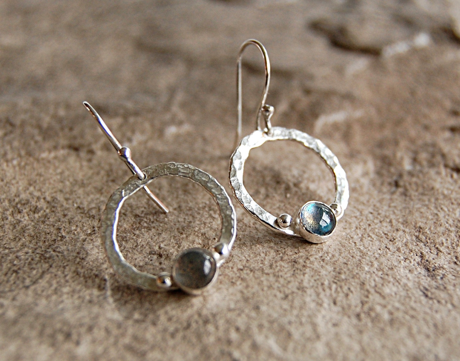 Silver Gemstone Hoop Earrings - Labradorite Circle Earrings