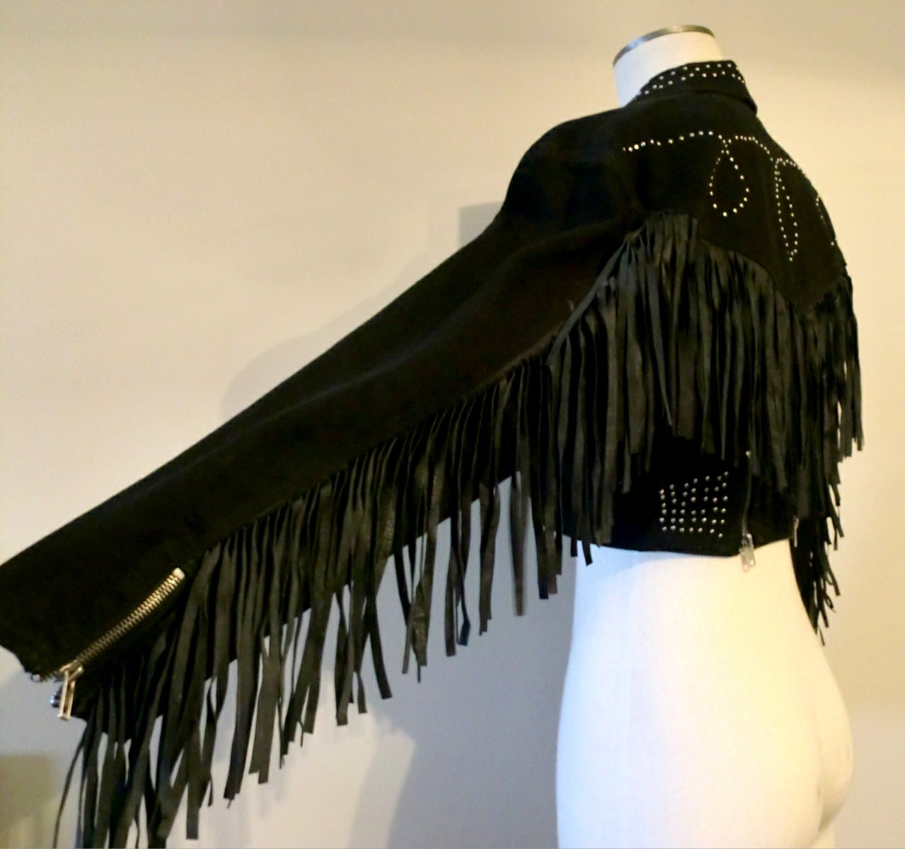 Rock'n Leather Fringe Black Denim Cropped Jacket Punk Rock Country Western