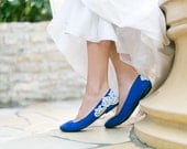 Wedding Shoes - Bridal Ballet Flats, Cobalt Blue Wedding Flats with Ivory Lace. US Size 6.5