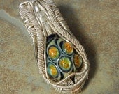 Wire Wrap Glass Pendant, Sterling Silver and 14K Gold Accents, Handmade by Blackwolf Jewelry
