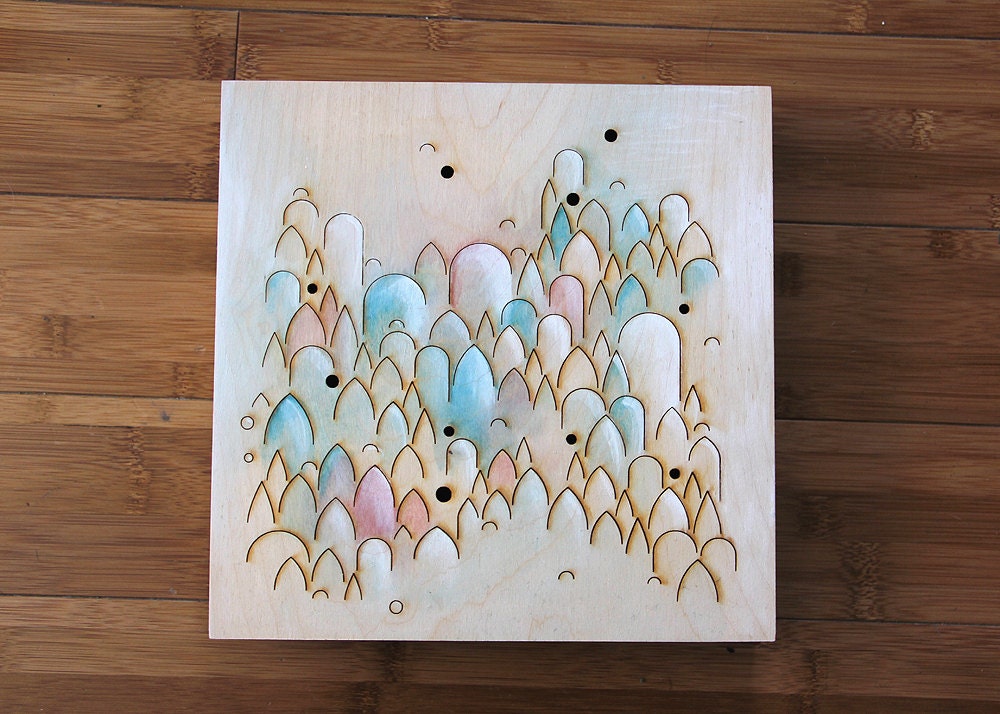 Hills or Leaves in Pastel Red, Pink, Lavender and Blue - Watercolor Painting on Laser Cut Wood