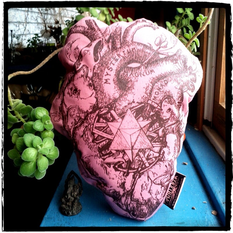 Anatomical Heart Pillow Dream pillow- Original Art Silkscreen with Sacred Geometry & Organic Herbs- Rose, Red or Pink LOVE DREAMS WISDOM