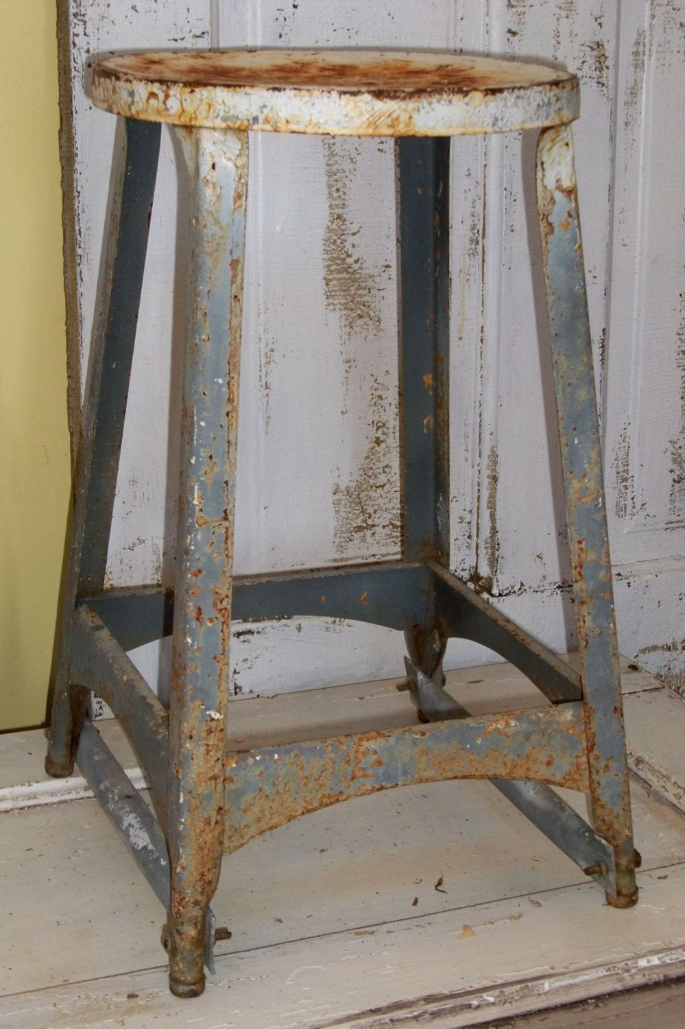 Metal gray rusty stool distressed industrial urban farm house steel metal furniture home decor Anita Spero