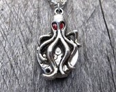 Clockpunk Steampunk Reversible Necklace, Watch Movement & Octopus Pendant with Gears and Swarovski Crystals on Silver Curb Link Chain