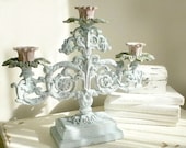 Hand Painted Candelabra with Weathered Patina Decorative Finish, Metal Candlestick Holder, Romantic Pastel Decor, Cottage Chic Table Ideas