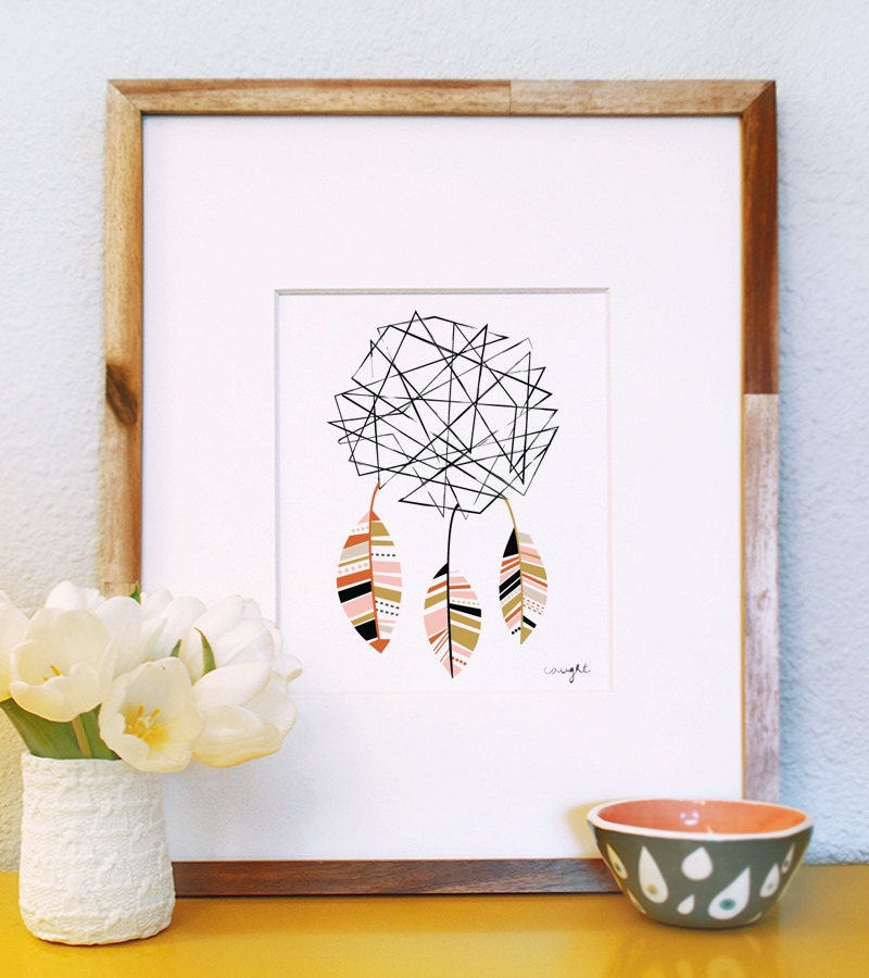 caught art print 8 x 10 deconstructed dreamcatcher feather tribal geometric print illustration in spring colors with white background