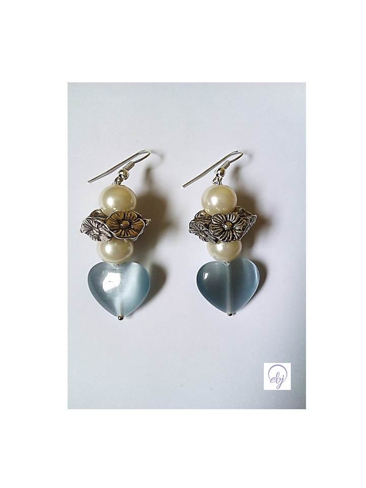 Grey Agate Love Heart and Cream Bead Earrings