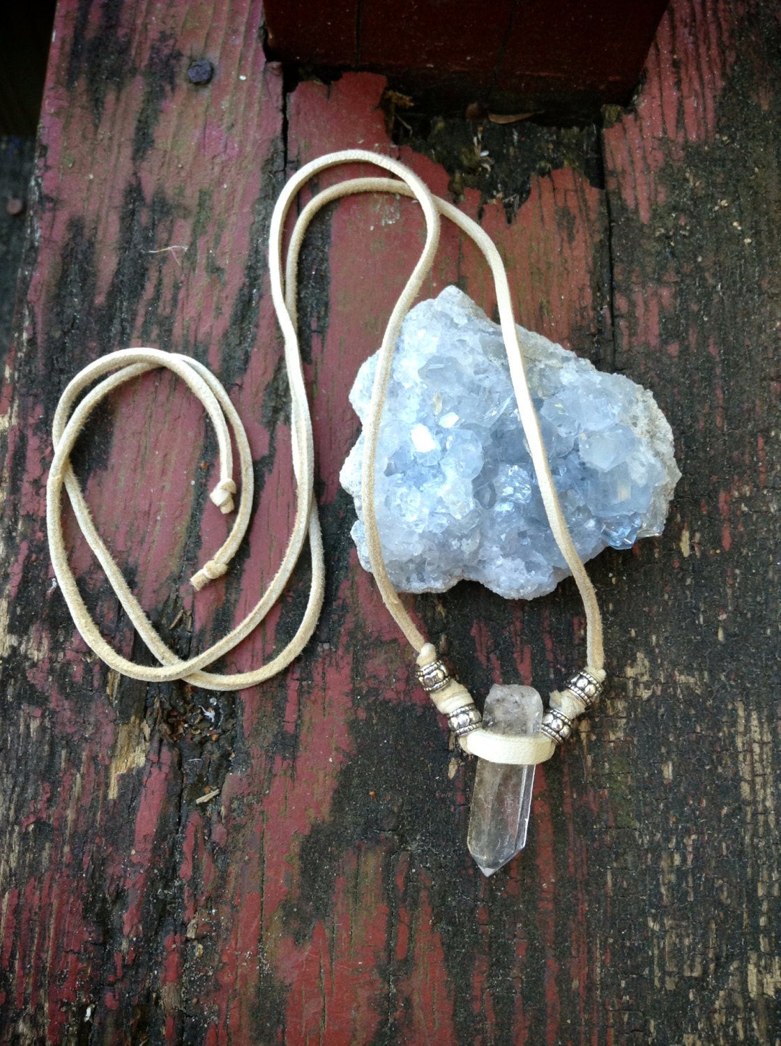 white buffalo- ivory leather with silver beads and crystal quartz point necklace