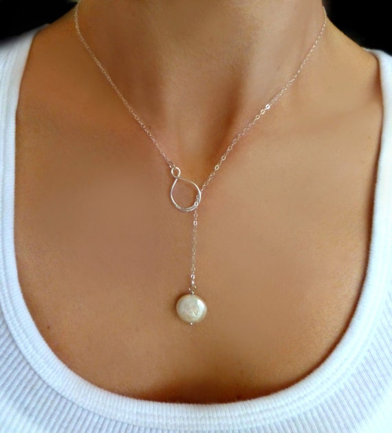 Pearl Lariat Necklace Freshwater Pearl By Glasspalacearts On Etsy