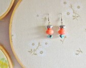 Handmade upcycled earrings - repurposed recycled vintage broken jewellery, coral silver turquoise, made in PEI, Canada