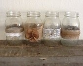 Lace, Burlap and Twine Wrapped Large Mason Jars - Quart (32oz) - Set of 4 Rustic Wedding Centerpieces, Rustic Chic Wedding Decor
