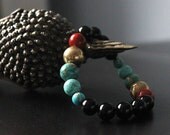 OOAK Onyx bracelet // beaded stretch bracelet - black, bronze, turquoise, red - ethnic style - beaded jewelry for her - unique gift