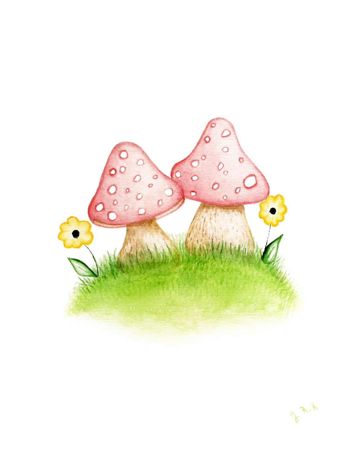 Mushroom Watercolor Painting Nature Red Mushrooms Yellow Flowers Toadstools Green Grass Archival Fine Art Giclee Print Spring Cute Kawaii