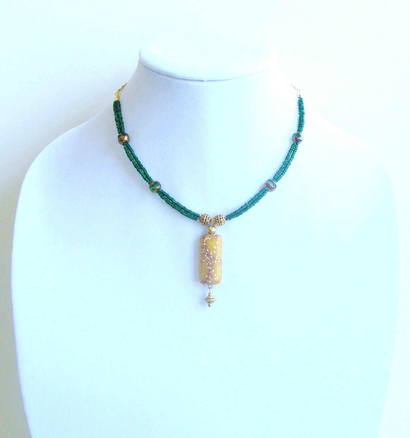 Polymer Clay Emerald Green Beaded Golden Choker Necklace With Antique Gold Tibetan Beads and Czech Glass Beads