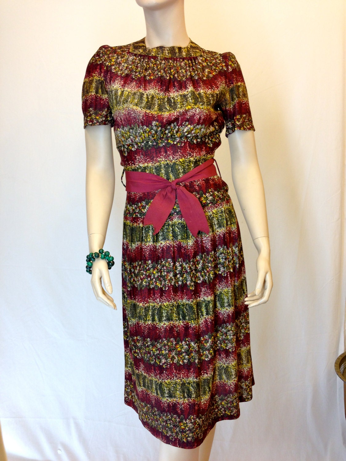 Vintage 40s Abstract Burgandy Floral Print Rayon DRESS with Self Tie - ThriftHound2000
