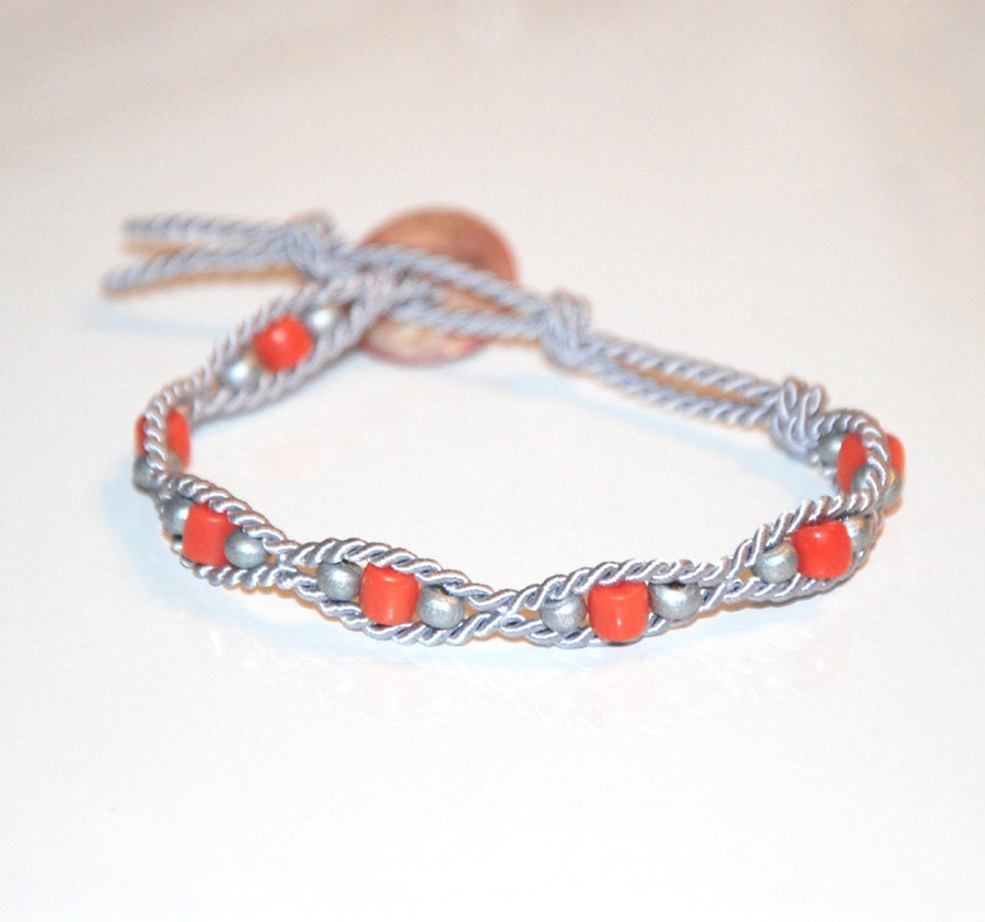 Soutache Coral Bracelet with sculpted Pearl Mass button in orange and silver color OOAK - MesFantasies