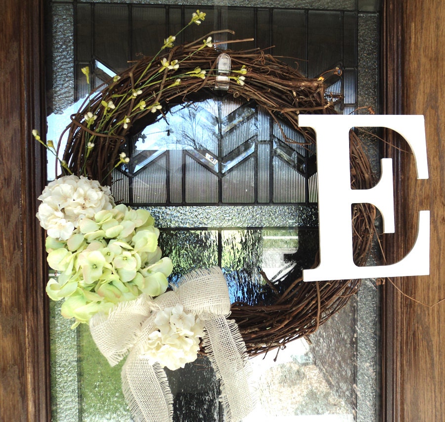 Personalized Green & White Hydrangea Grapevine Wreath with a White Burlap Bow